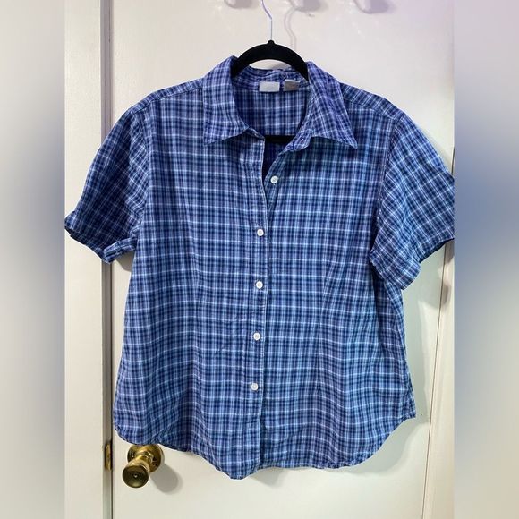 Cherokee 1X Short Sleeve Blue Plaid Button Up Shirt - Picture 1 of 6